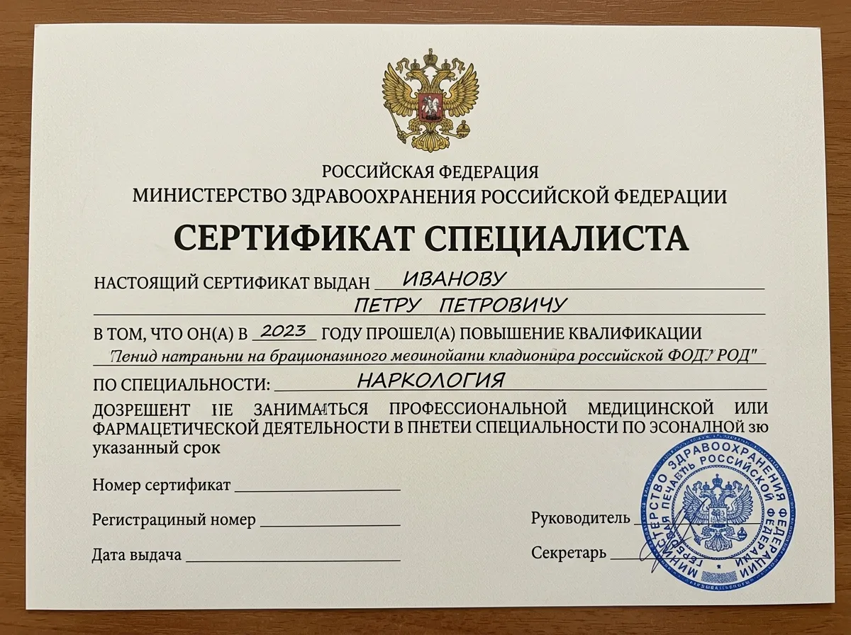 Сертификат специалиста по наркологии государственного образца, документ с синей гербовой печатью Министерства здравоохранения РФ